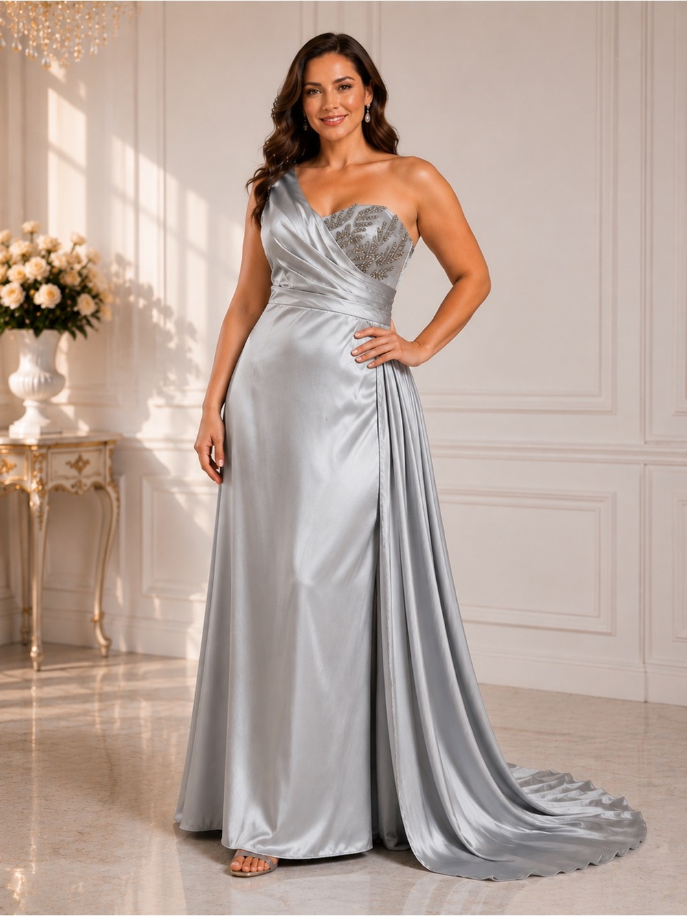 Crystal Evening Dress Silver One Shoulder Sleeveless Mermaid Silk Satin US10